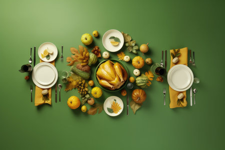 Thanksgiving table setting with turkey, pumpkins, apples, pears, berries, leaves on green background AI generatedの素材