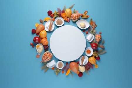 Healthy eating, dieting and nutrition concept. Round frame made of different fruits and vegetables on blue background. AI generatedの素材