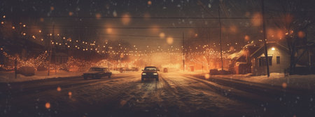 Winter city street with cars and lights at night under snowfall. AI generatedの素材
