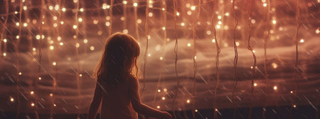 Cute little girl with long hair in the rain at night. AI generatedの素材