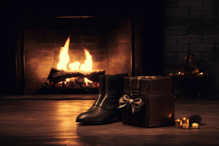 Gift box and boots near the fireplace. Christmas and New Year concept. for sinterklaas (dutch santa) or Pere Noel (French santa) gifts, AI generated.の素材