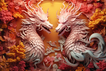 Dragon and flower pattern on orange background, closeup of photo. Happy Chinese new year dragon Zodiac sign, dragon with a red background, AI generatedの素材
