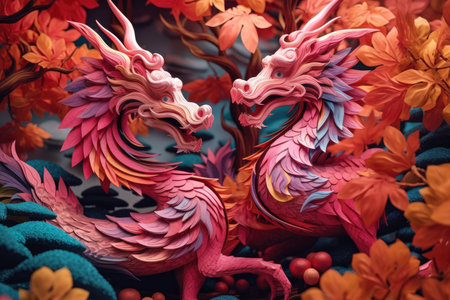 Happy Chinese new year dragon Zodiac sign. Colorful fantasy dragon statue on autumn leaves background. AI generatedの素材