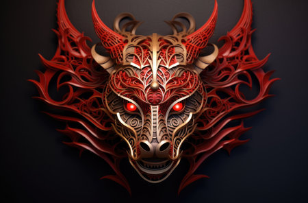 Red dragon mask on black background. Happy Chinese new year dragon Zodiac sign, chinese dragons, AI generatedの素材