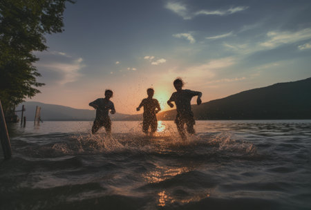Silhouette of children jumping into the water on sunset background, Water splashing summer banner, Ai generatedの素材