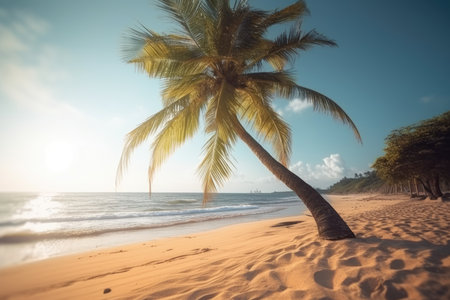 Beautiful palm tree on white sand beach. Summer nature view. travel concept. Summer paradise, AI generatedの素材