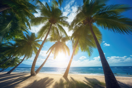 Beautiful palm tree on white sand beach. Summer nature view. travel concept. Summer paradise, AI generatedの素材