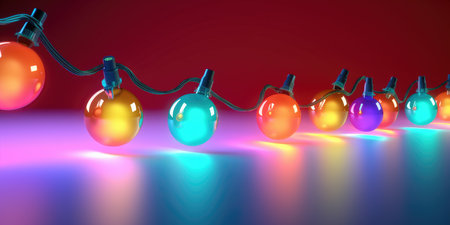 Christmas lights on a red background. New Year concept. AI generatedの素材