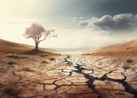 Climate change, heated landscape with dry cracked earth, environmental problem, extinction rebellion, sustainability concept, AI generatedの素材