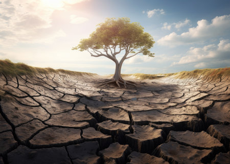 Climate change, heated landscape with dry cracked earth, environmental problem, extinction rebellion, sustainability concept, AI generatedの素材
