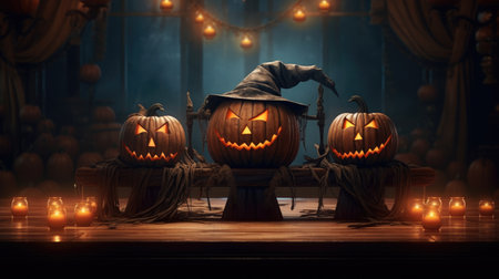 Halloween pumpkins and witch hat on wooden table, AI generatedの素材