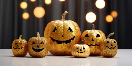 Halloween pumpkins on a white table with bokeh background, AI generatedの素材