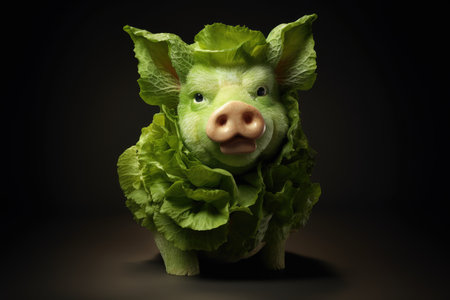 Lettuce in the form of a pig on a dark background.Vegetarian or vegan pig, pork made out of lettuce, Vegetarian Week concept, AI generated,の素材
