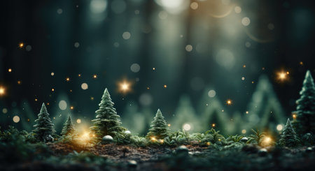 Christmas and New Year background with snowy fir trees and bokeh lights. Green tree with blurred lights on bokeh green background. Copy space for seasonal greetings. Ay generatedの素材