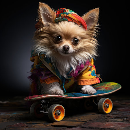 Funny chihuahua dog with skateboard on dark backgroundの素材