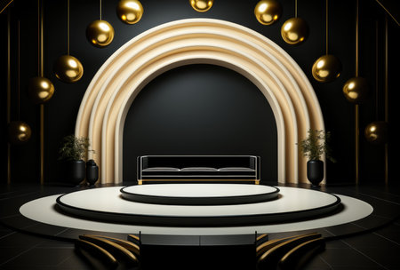 black room with golden arch, podium and lamps, banner for your product, black friday ,AI generatedの素材
