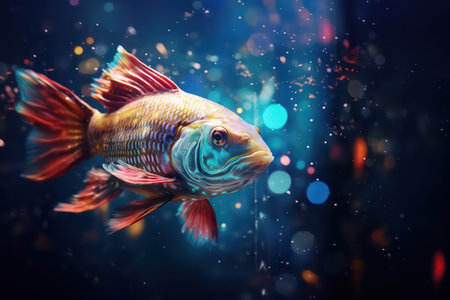 Portrait of a fish on blue bokeh background, with fireworks and snow, christmas and new year concept. AI generatedの素材