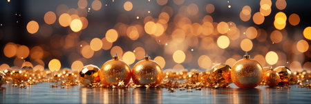 Golden Christmas balls on bokeh background. AI generatedの素材