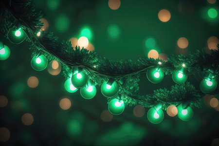 Green christmas lights on a green background with bokeh effect. AI generated,の素材