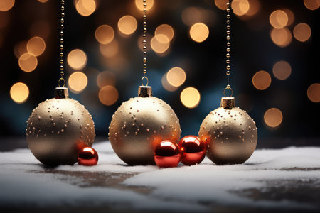 Christmas balls on wooden background with bokeh lights. Christmas greeting card.. AI generatedの素材