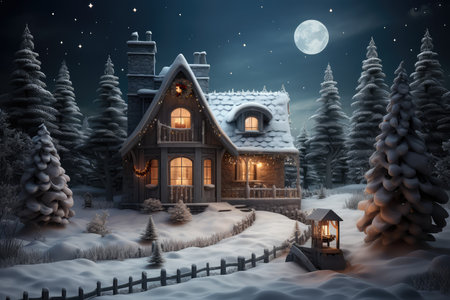 Christmas and New Year holiday background. Little house in the snow with christmas trees, AI generatedの素材