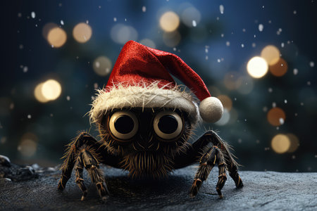 Funny spider in Santa Claus hat on a dark background. AI generatedの素材