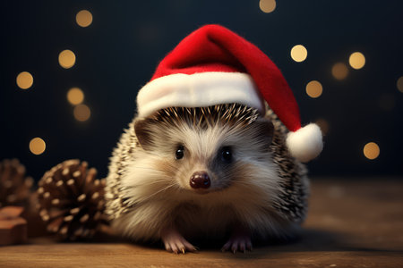 Cute hedgehog in Santa hat on wooden table against blurred lights. AI generated.の素材