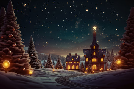 Winter village with christmas trees and houses. Christmas and New Year background. AI generatedの素材