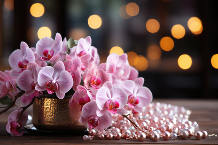 Beautiful pink orchid flowers with water drops on dark background. AI generatedの素材