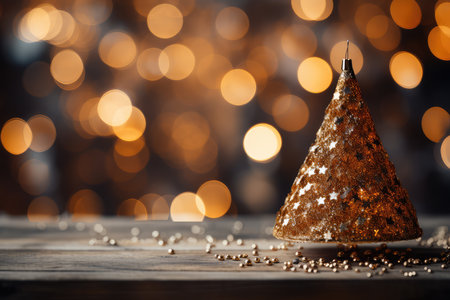 Christmas tree made of golden confetti on wooden background with bokeh lights. A Cozy Brown Christmas Background with Bokeh Lights and Christmas Tree. AI generatedの素材