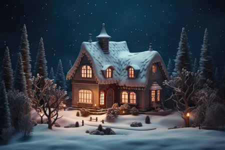 Winter cottage in the forest. Christmas background. AI generatedの素材