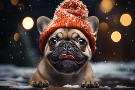 Funny french bulldog puppy wearing a red hat and scarf on the background of a winter forest. Dog at Christmas with Christmas Hat or Santa Hat and Bokeh Lights. . AI generatedの素材