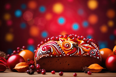 Christmas cake and decorations on wooden table with bokeh background. Abstract background for national fruitcake day or fruitcake month. AI generatedの素材