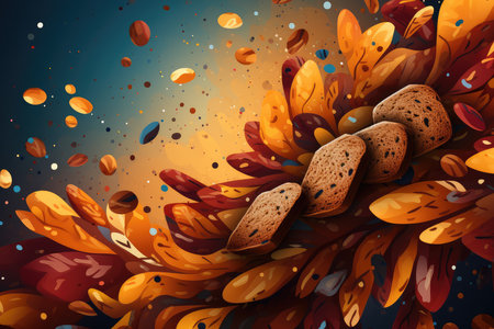 Autumn background with falling leaves and croutons. Abstract background for Date Nut Bread Day. AI generatedの素材