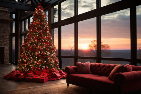 Christmas living room interior with red sofa and christmas tree at sunset. Christmas tree decorating. AI generatedの素材