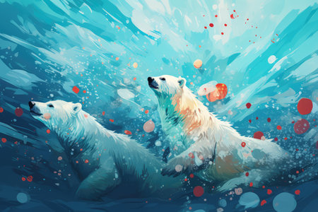 Polar bears swimming in the sea. Abstract background for Polar Bear Plunge(Various) : Brave individuals jump into icy waters on New Year's Day. AI generatedの素材