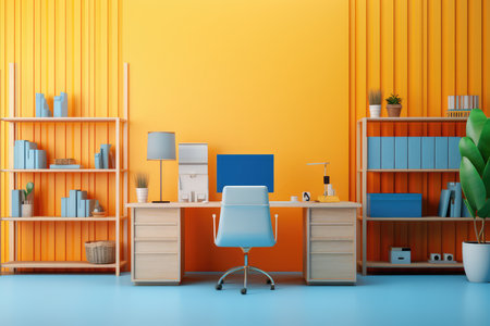 Modern office interior, yellow walls, blue floor, orange computer desk and bookshelf. Office cubicle, home office, bright colors, Labor day, Learning at Work Week. AI generatedの素材