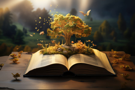 Autumn tree growing from an open book. Nature coming out of book, story coming alive, banner for national reading day or National Storytelling Week. AI generatedの素材