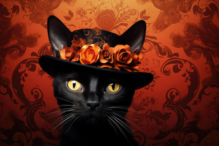 Black cat in a black hat with flowers on a vintage background. January 14: Dress Up Your Pet Day. AI generatedの素材