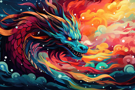 Dragon in the sky. Colorful fantasy dragon. Abstract background for Appreciate a Dragon Day or year of the dragon. AI generatedの素材