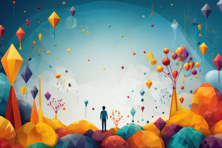 Abstract polygonal landscape background with colorful crystals and people. Abstract background for Kid Inventors Day. AI generatedの素材