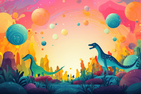Fantasy landscape with dinosaurs and planets in cartoon style. Abstract background for National Draw A Dinosaur Day. AI generatedの素材