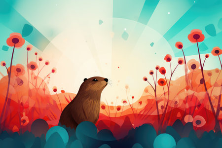 Nature background with cute beaver in the meadow. Abstract background for February 2: Ground Hog Day. AI generatedの素材