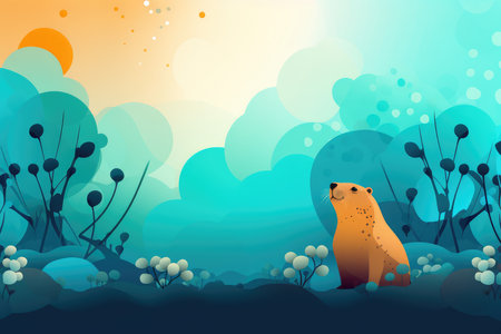 A cute cartoon bear on the background of the forest. Abstract background for February 2: Ground Hog Day. AI generatedの素材