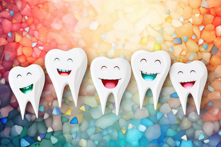 Tooth with happy faces on colorful background. Dental care concept. February's National Children's Dental Health Month, focusing on dental health for children. AI generatedの素材