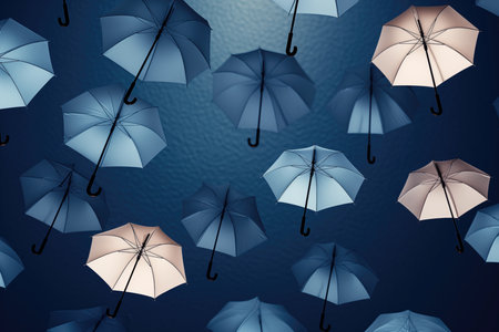 Illustration of umbrellas on a blue background with space for text. Dark Blue Umbrellas for Blue Monday, Dry January, or Umbrella Day. . AI generatedの素材