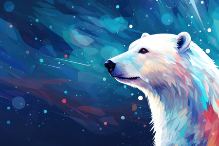 Polar bear on the background of the night sky. Abstract background February 27: Polar Bear Day. AI generatedの素材