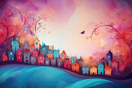 Cityscape with houses, trees, flowers and birds. New Homes Week from February 27 to March 4. AI generatedの素材