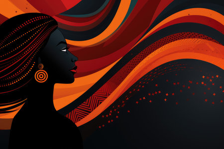Silhouette of a beautiful black African woman with wavy hair on a tribal background. black and orange for black history month AI generatedの素材