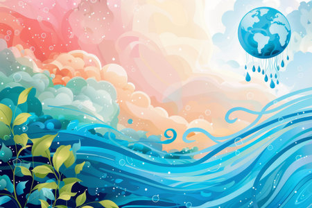 Illustration of a background with a world in the ocean and clouds. Abstract background for World Meteorological Day. AI generatedの素材